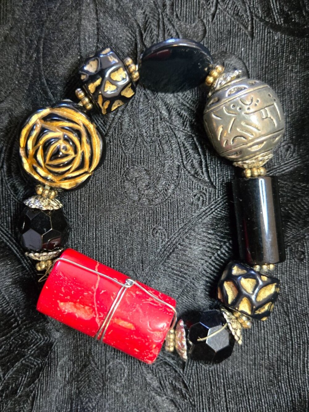 Chunky Vintage Genuine Red Coral Statement Stretch Bracelet Boho